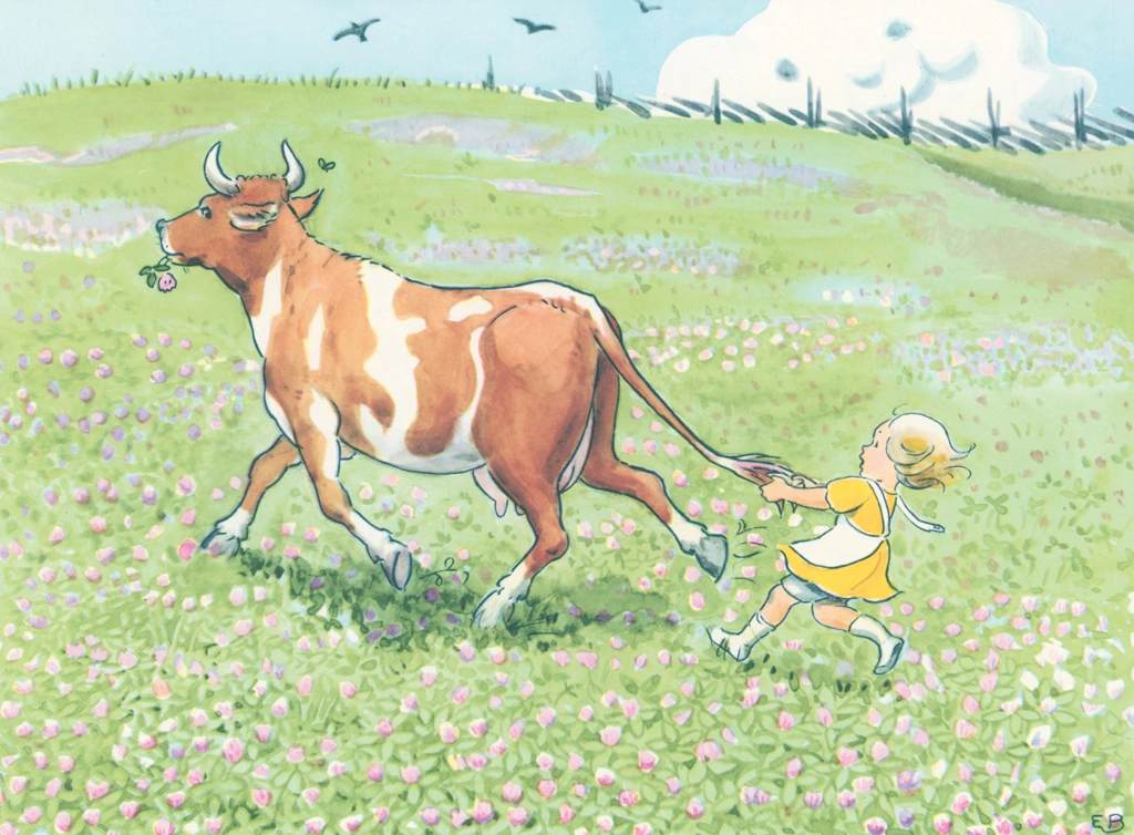 Plate #7 from “Talented Annika” by Elsa Beskow | The Girl Pulling the Tail of a Runaway Cow