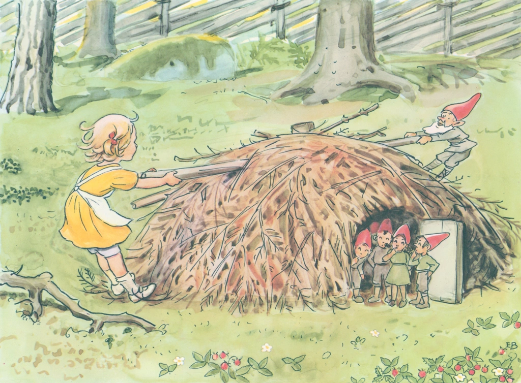 Plate #8 from “Talented Annika” by Elsa Beskow | Dwarf Father and the Girl Pulling a Wood Each Other