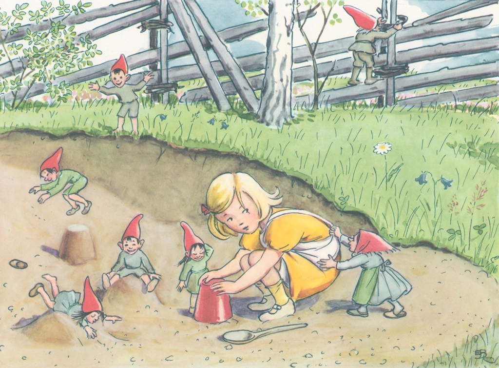 Plate #9 from “Talented Annika” by Elsa Beskow | Dwarf Mother Asks the Girl to Lend Her Bucket