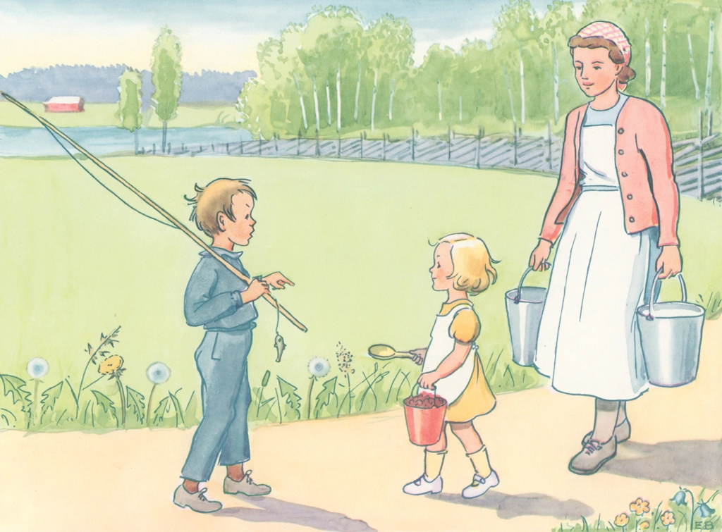 Plate #11 from “Talented Annika” by Elsa Beskow | The Girl and Her Mother Meet the Boy Again