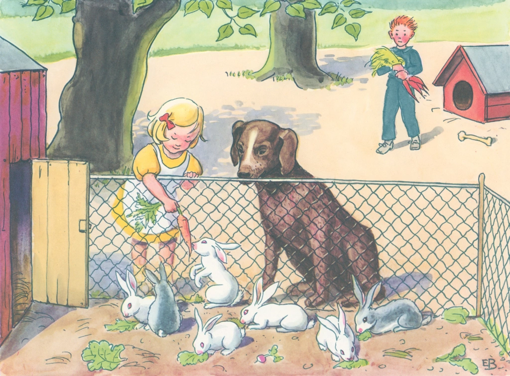 Plate #12 from “Talented Annika” by Elsa Beskow | The Girl Feeding Carrots ｔo Rabbits