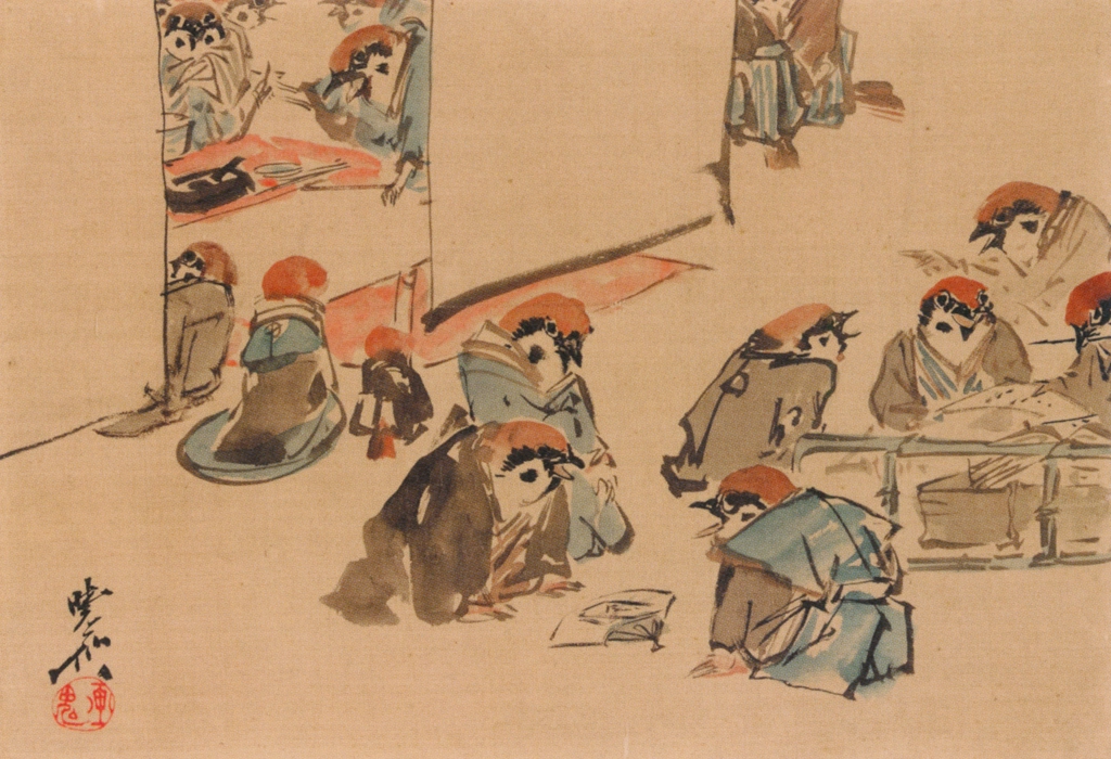 「雀の書画会」 河鍋暁斎 （1871-89年） | これぞ暁斎！ ゴールドマンコレクションより
