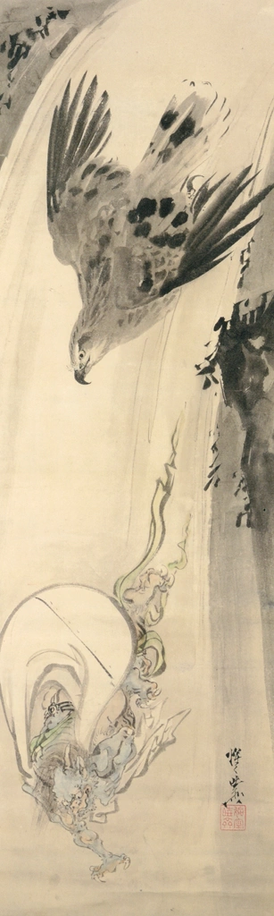 「鷹に追われる風神」 河鍋暁斎 （1886年） | これぞ暁斎！ ゴールドマンコレクションより