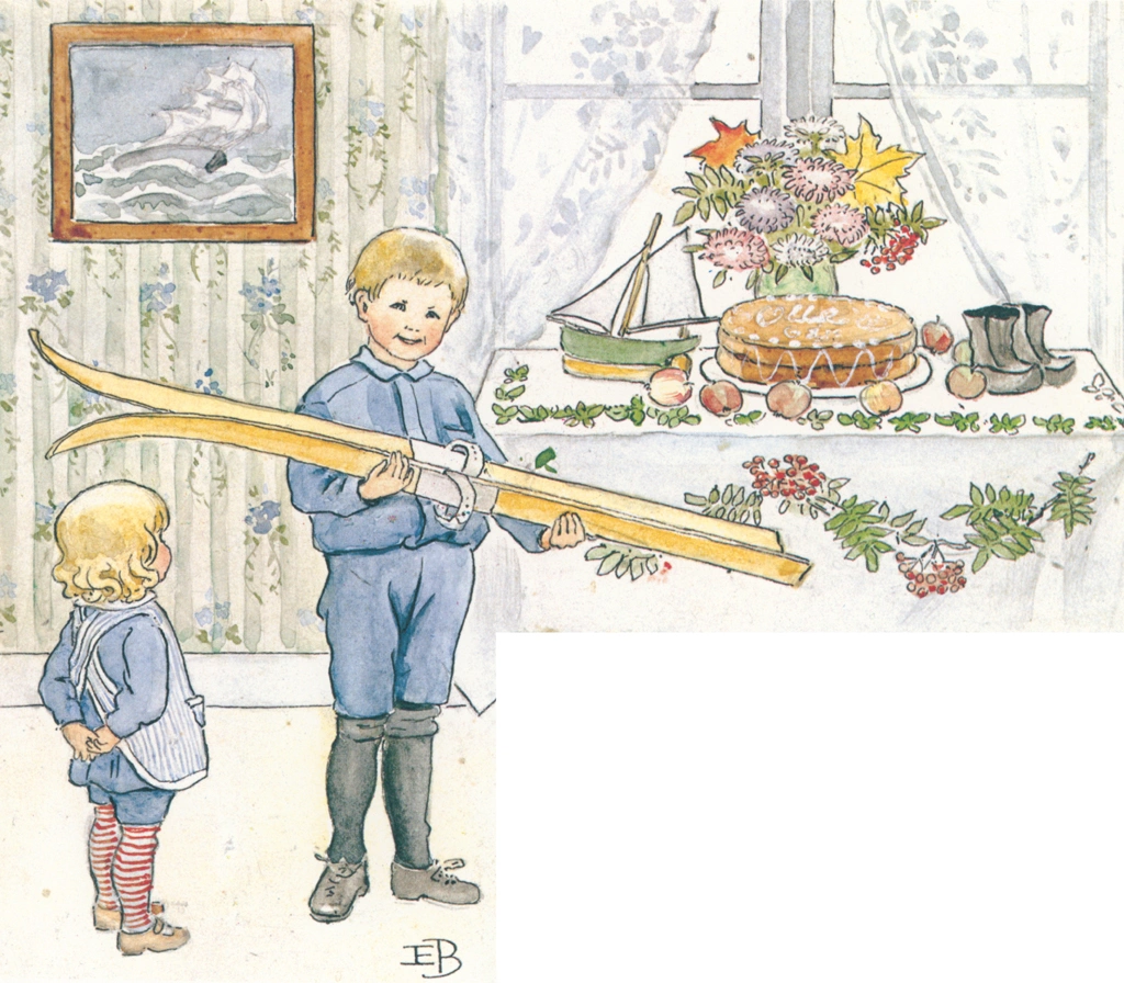 Plate #1 from “Olle’s Ski Trip” by Elsa Beskow | Olle was Given Skis as a Birthday Gift