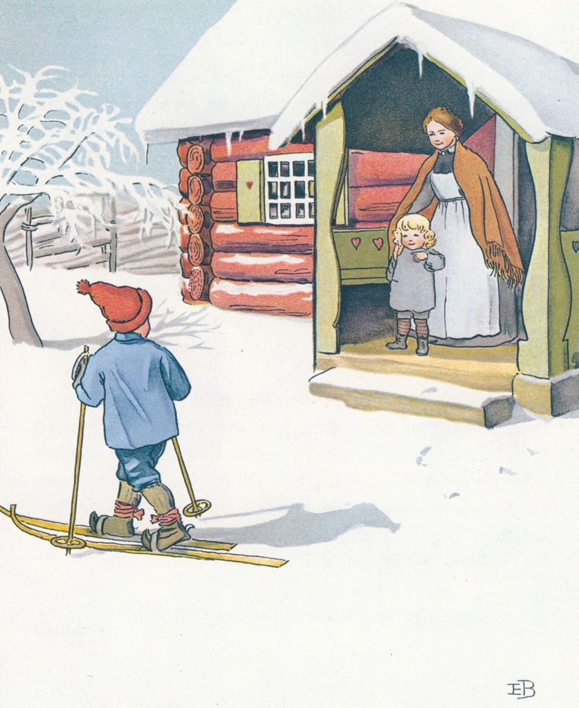 Plate #2 from “Olle’s Ski Trip” by Elsa Beskow | Olle Out on His New Skis