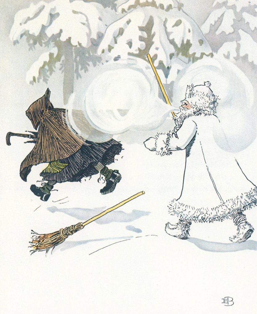 Plate #5 from “Olle’s Ski Trip” by Elsa Beskow | Jack Frost Chases Away Mrs. Tha