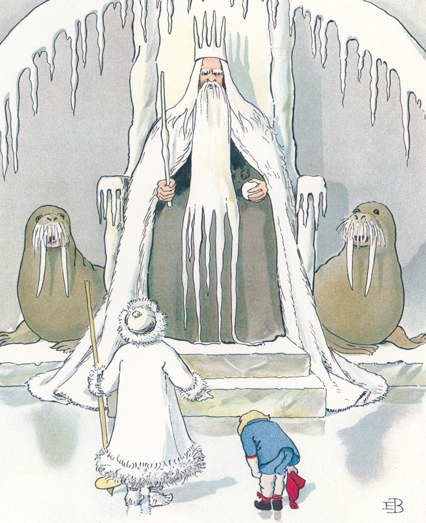 Plate #7 from “Olle’s Ski Trip” by Elsa Beskow | Olle and Jack Frost Meet King Winter