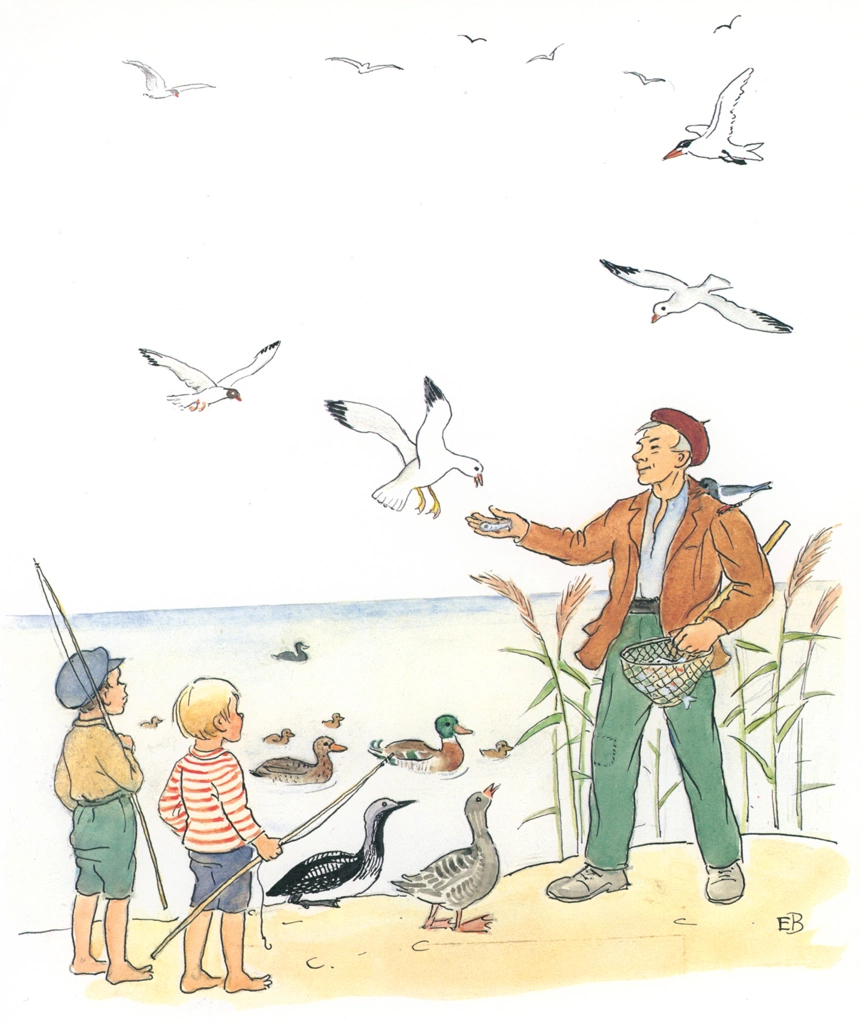 Plate #4 from “Peter’s Old House” by Elsa Beskow | Peter Feeding the Birds