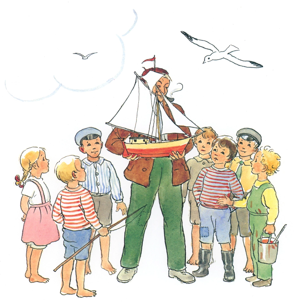 Plate #5 from “Peter’s Old House” by Elsa Beskow | Peter Making a Toy Ship for the Children