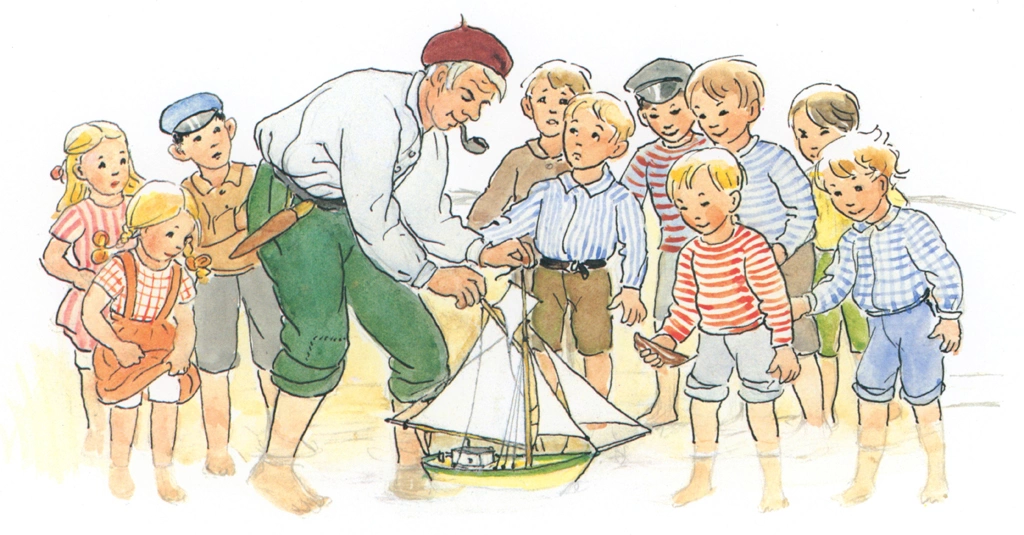 Plate #6 from “Peter’s Old House” by Elsa Beskow | Peter and Children Floating a Toy Ship