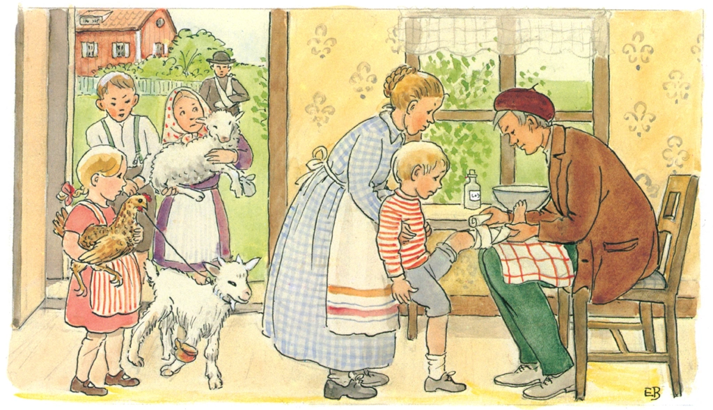 Plate #8 from “Peter’s Old House” by Elsa Beskow | Peter Treats People's Injuries and Animals' Illnesses