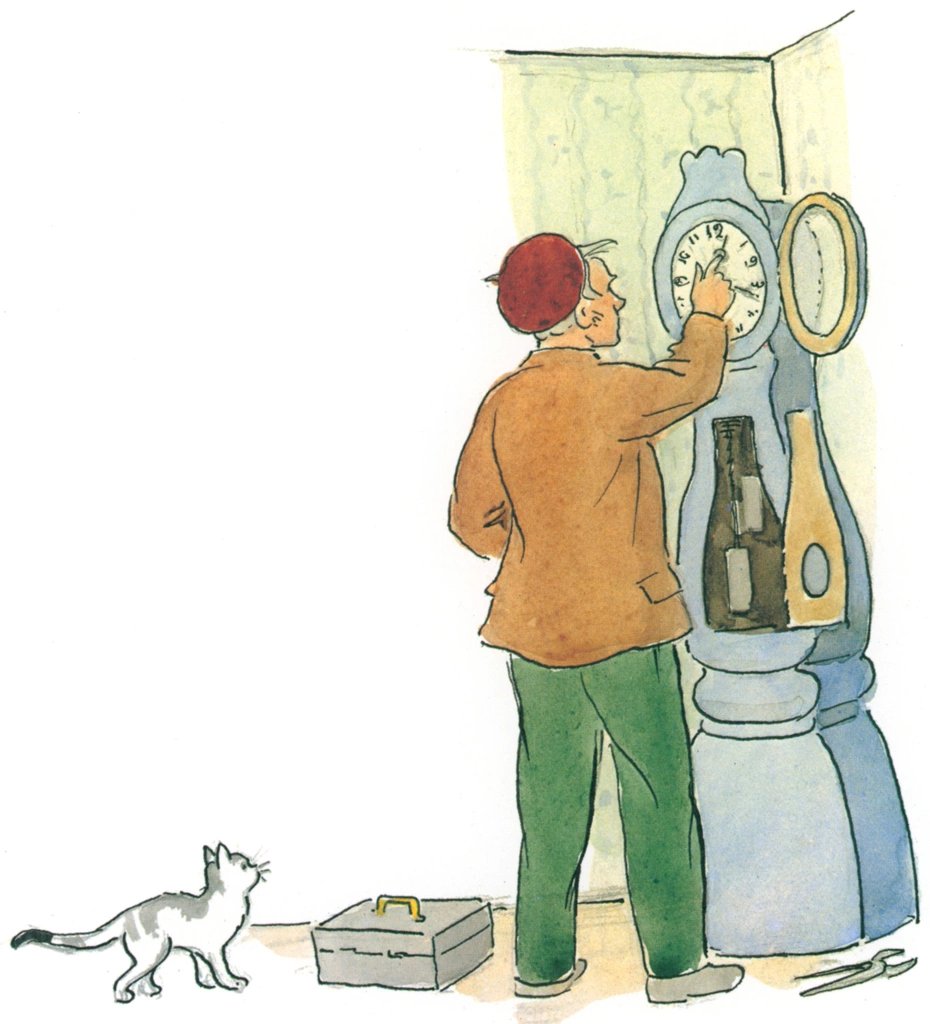 Plate #9 from “Peter’s Old House” by Elsa Beskow | Peter Fixing the Clock