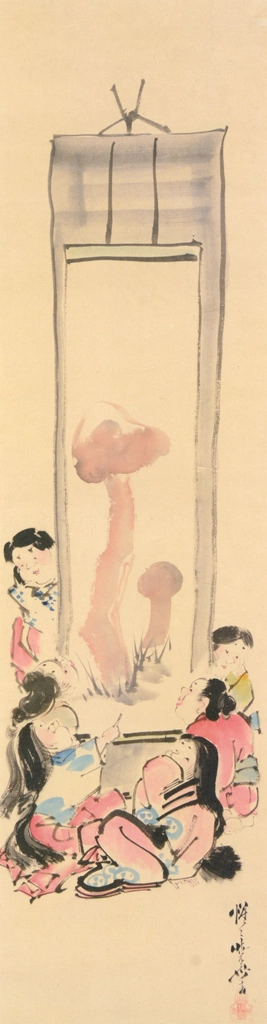 Ofuku Looking at a Hanging Scroll of Matsutake Mushrooms by Kawanabe Kyōsai (1885-89) | from This is Kyōsai!: the Israel Goldman Collection