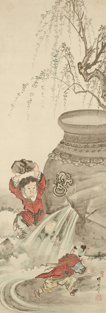 「司馬温公甕割図」 河鍋暁斎 (1881-89年) | 右隻 大英博物館より