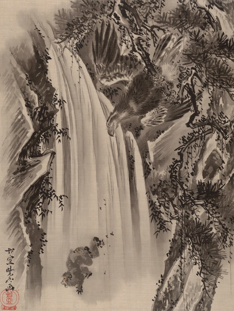 Waterfall, Eagle and Monkey by Kawanabe Kyōsai (1888) | from Metropolitan Museum of Art