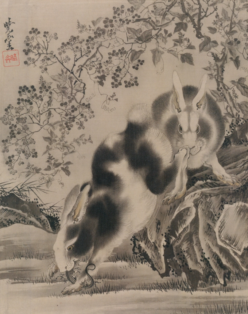 Lizard and Rabbits by Kawanabe Kyōsai (1888) | from Kyosai: master painter and his student Josiah Coder