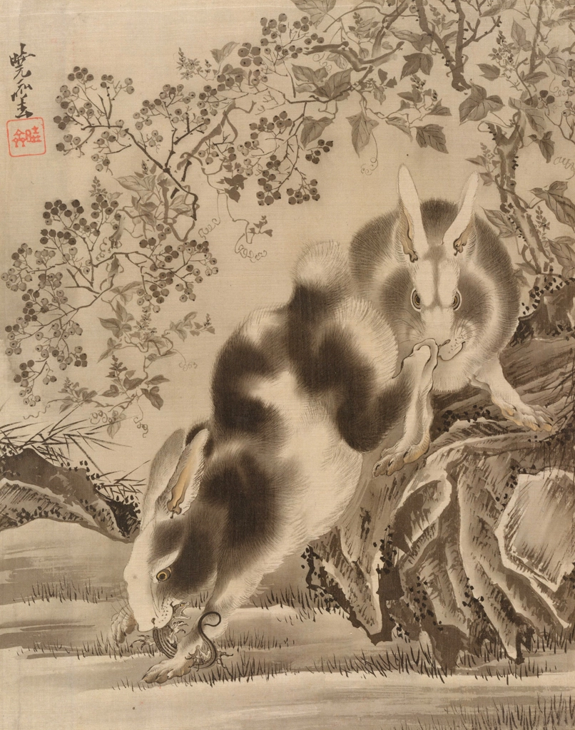 Lizard and Rabbits by Kawanabe Kyōsai (1888) | from Metropolitan Museum of Art