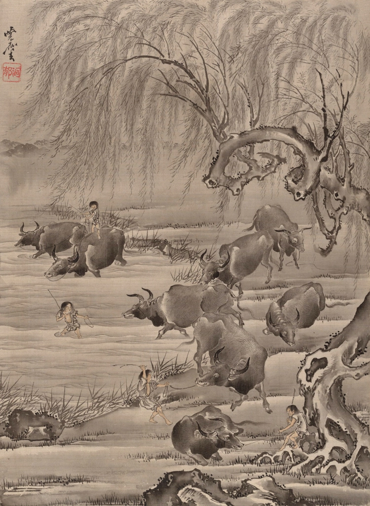Buffaloes and Herdsmen by Kawanabe Kyōsai (1888) | from Metropolitan Museum of Art