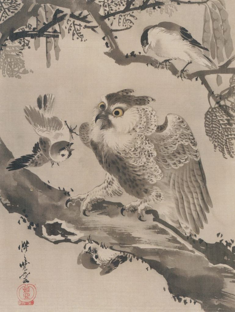 Owl Mocked by Small Birds by Kawanabe Kyōsai (1888) | from Kyosai: master painter and his student Josiah Coder