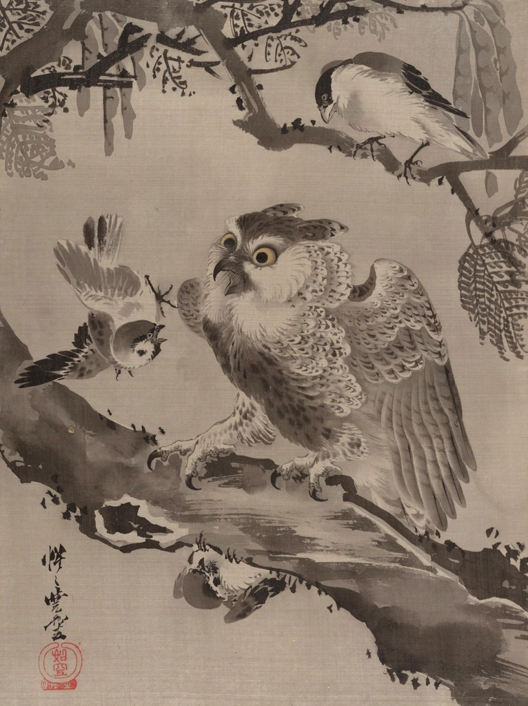 Owl Mocked by Small Birds by Kawanabe Kyōsai (1888) | from Metropolitan Museum of Art