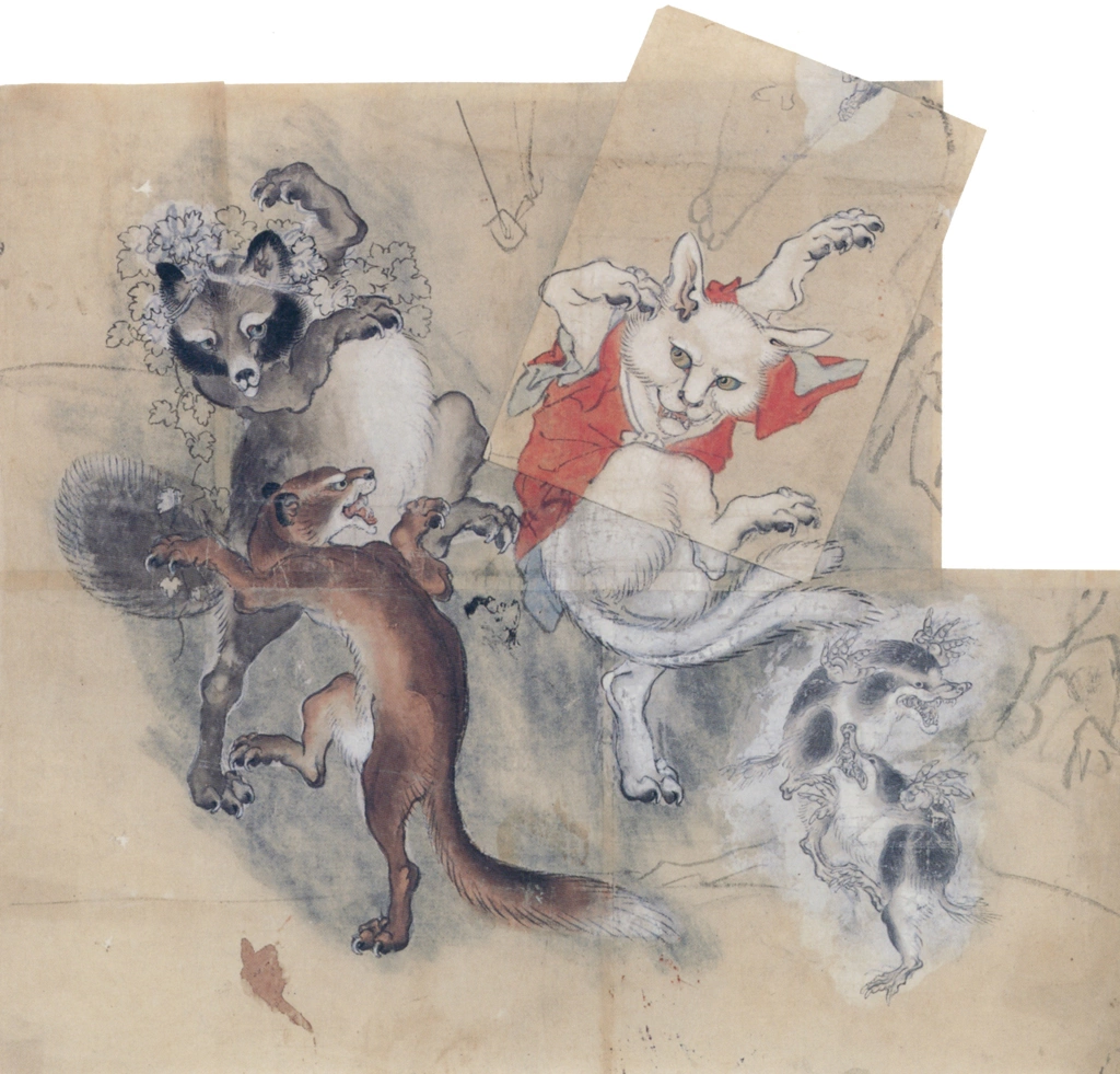 Frolicking Animals, Nekomata and Tanuki Badger by Kawanabe Kyōsai | from Kyosai: master painter and his student Josiah Coder