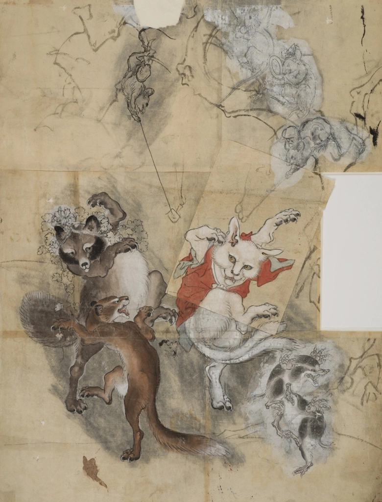 Frolicking Animals, Nekomata and Tanuki Badger by Kawanabe Kyōsai | from Kawanabe Kyosai Memorial Museum