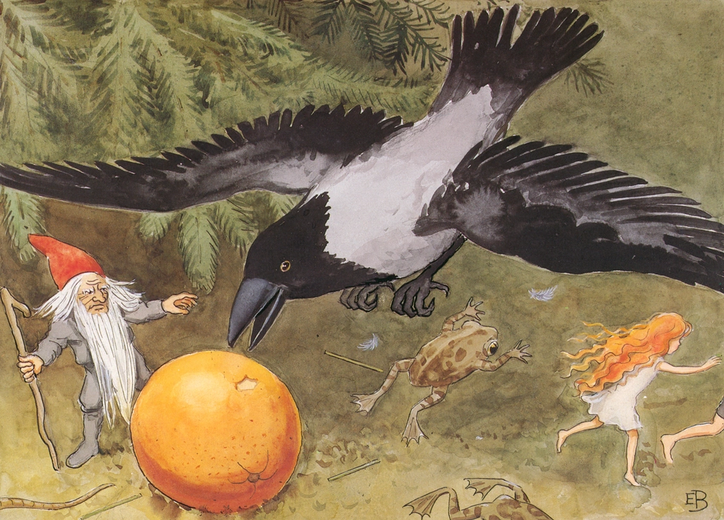 Plate #9 from “The Sun Egg” by Elsa Beskow | A Crow Robbing an Orange