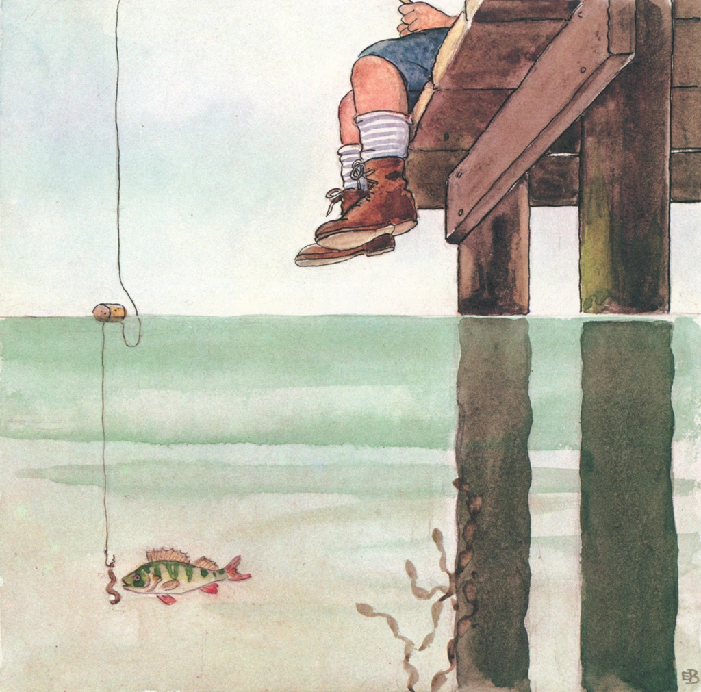 「しりたがりやのちいさな魚のお話 挿絵 #3」 エルサ・ベスコフ | 釣り針のついた餌に引き寄せられるスズキの子