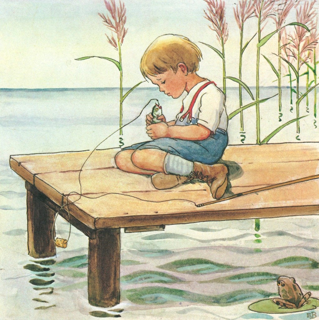 「しりたがりやのちいさな魚のお話 挿絵 #4」 エルサ・ベスコフ | スズキの子を釣り上げた男の子