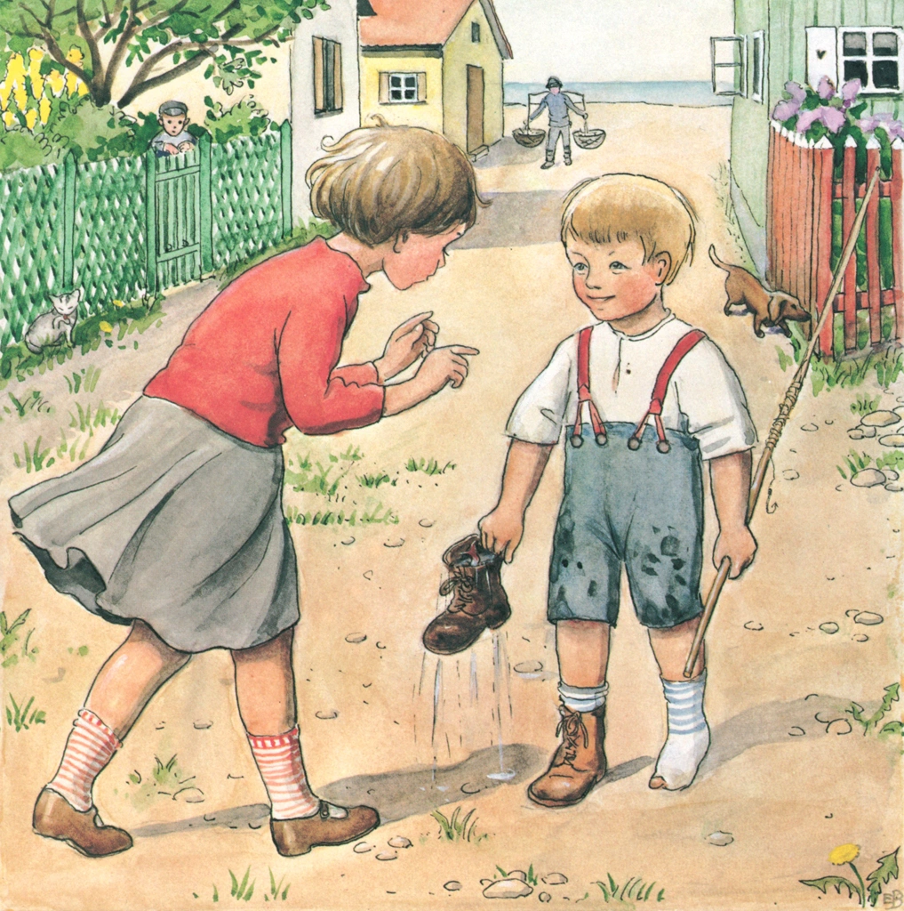 「しりたがりやのちいさな魚のお話 挿絵 #5」 エルサ・ベスコフ | スズキの子を入れた靴を持つ男の子とお姉さん