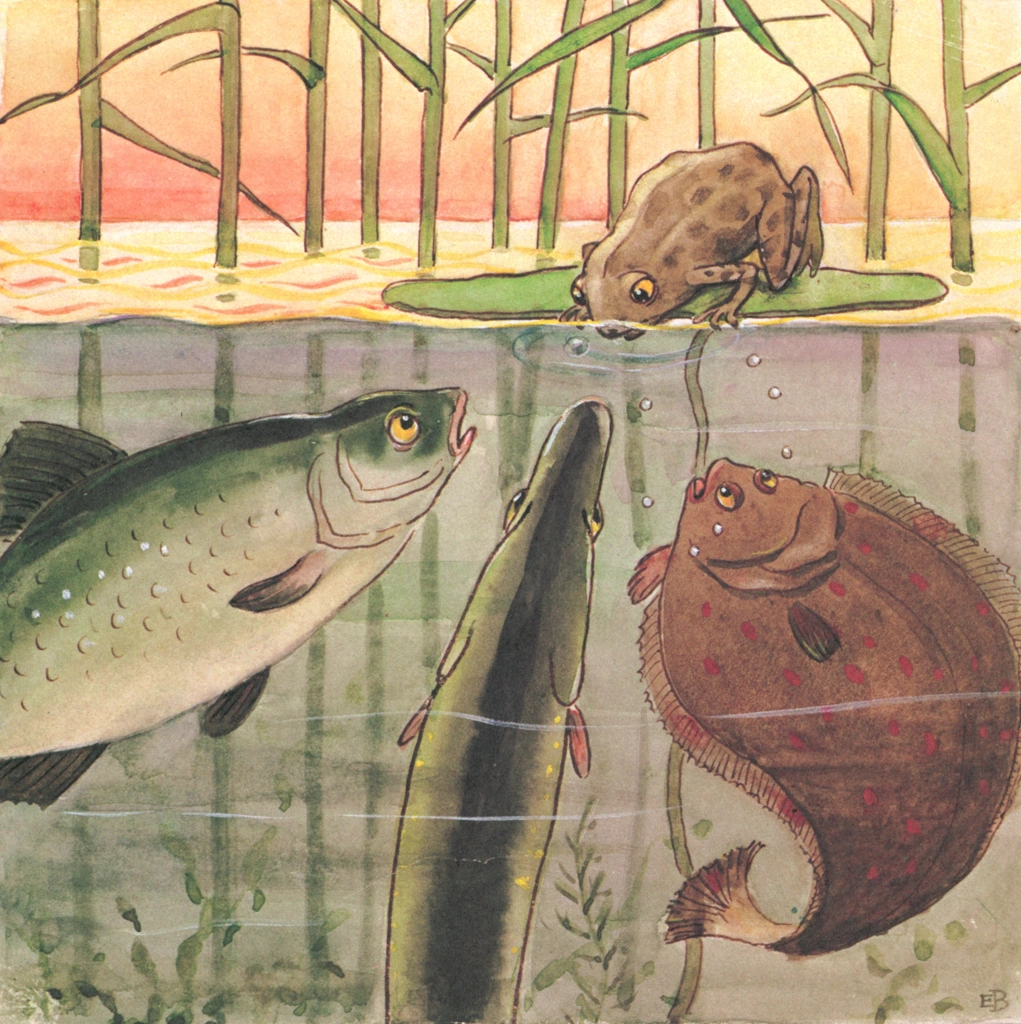 Plate #6 from “The Curious Fish” by Elsa Beskow | A Frog Telling Fish That a Small Fish was Caught by a Human
