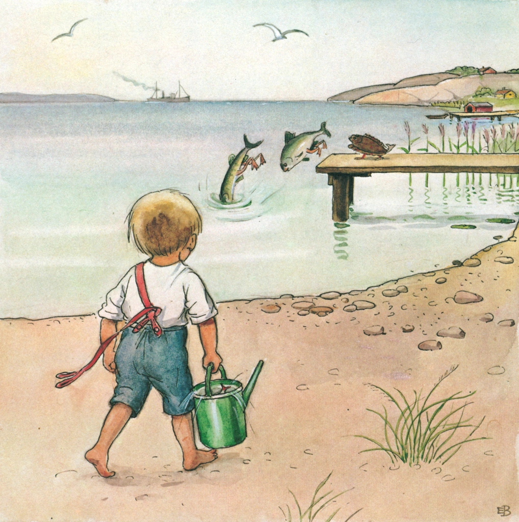 「しりたがりやのちいさな魚のお話 挿絵 #10」 エルサ・ベスコフ | 湖に帰る魚たちとスズキの子をじょうろに入れて運ぶ男の子