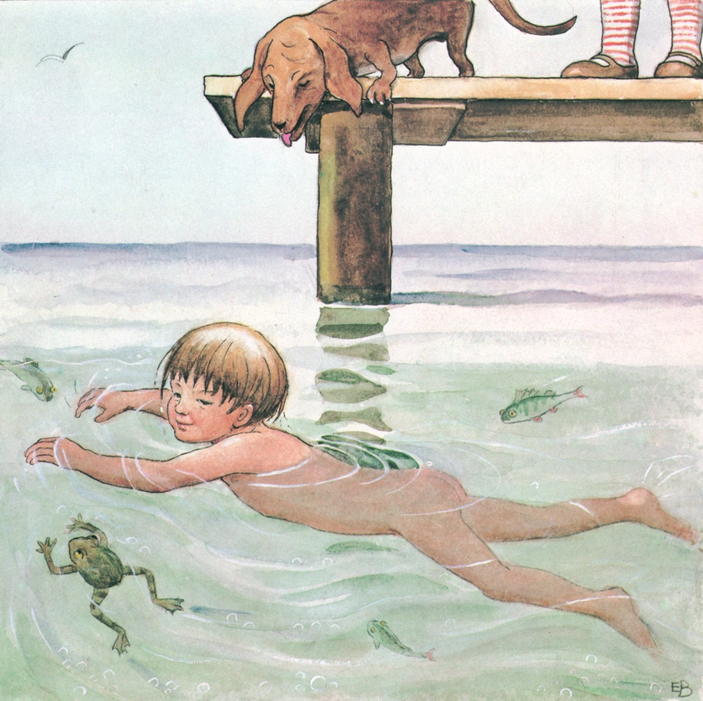 「しりたがりやのちいさな魚のお話 挿絵 #12」 エルサ・ベスコフ | 魚やカエルたちと泳ぐ男の子と桟橋の上から見ている姉と犬