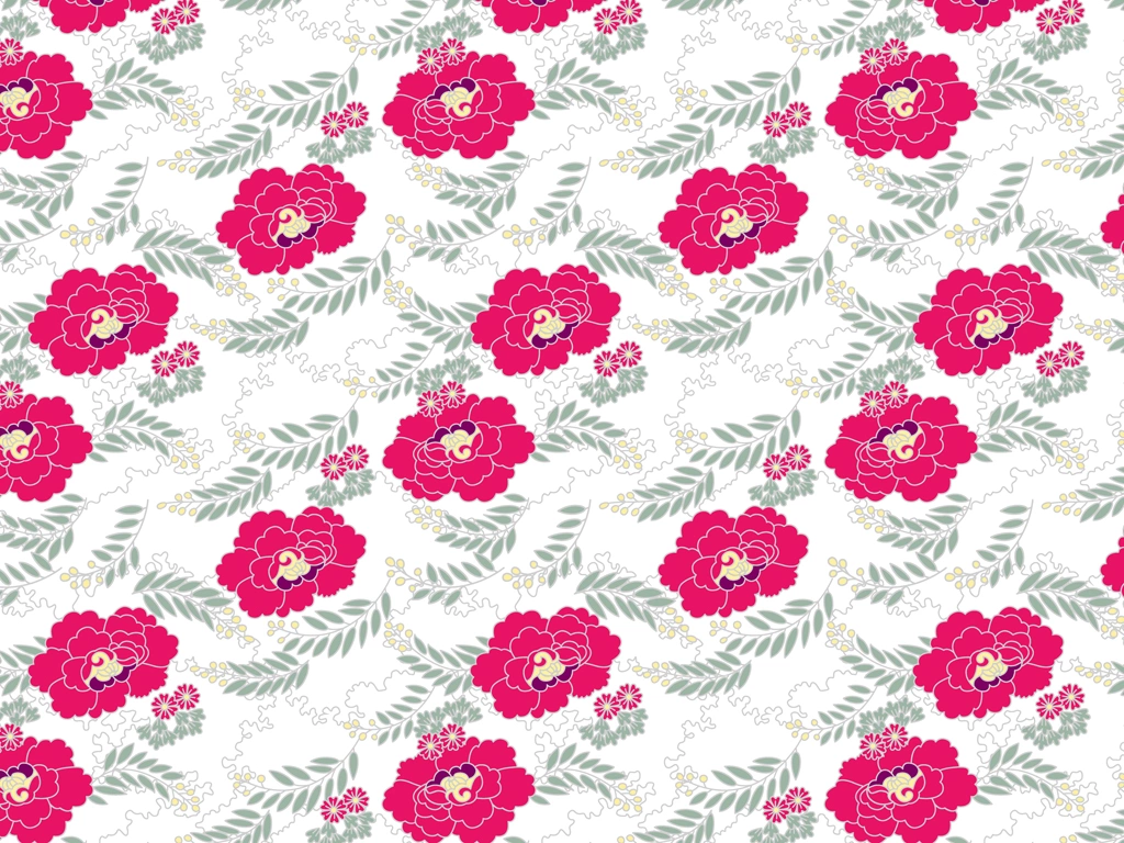 Set of 5 Peony Chintz Pattern Illustrations and Vectors | Pink, Green and White