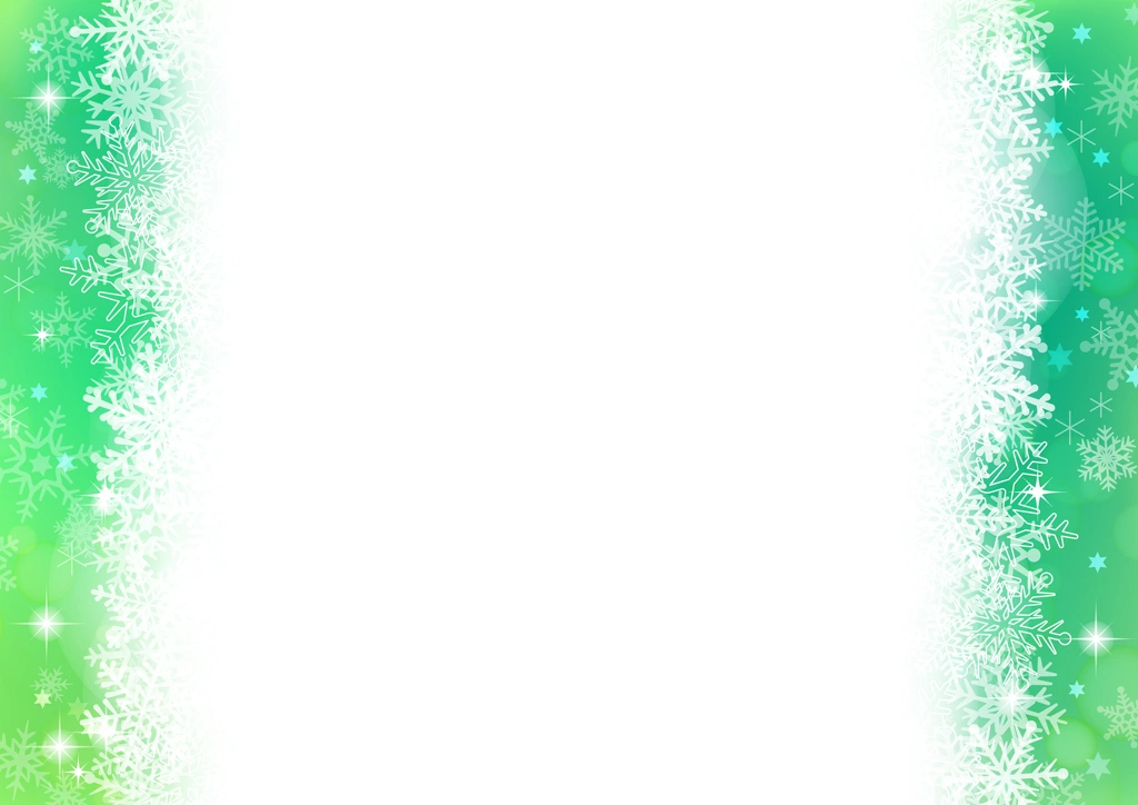 6種類の雪の結晶とフレームの背景イラストとベクター | 緑色