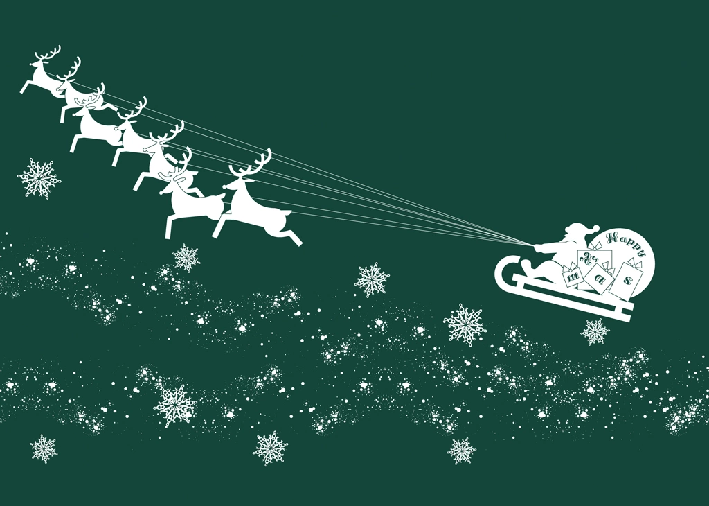 Set of 5 Snowflakes and Santa Claus on Sleigh Flying Sky with Rreindeers Background Illustrations and Vectors | Green