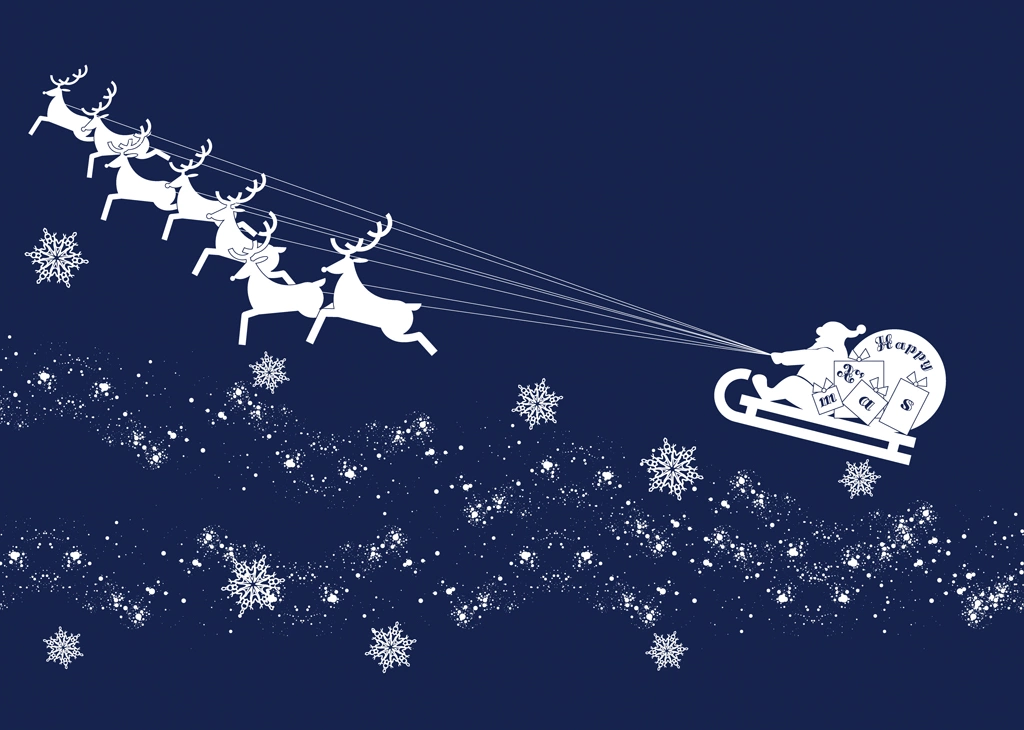 Set of 5 Snowflakes and Santa Claus on Sleigh Flying Sky with Rreindeers Background Illustrations and Vectors | Blue