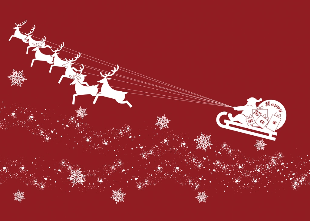 Set of 5 Snowflakes and Santa Claus on Sleigh Flying Sky with Rreindeers Background Illustrations and Vectors | Red