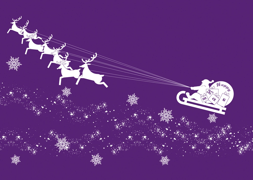 Set of 5 Snowflakes and Santa Claus on Sleigh Flying Sky with Rreindeers Background Illustrations and Vectors | Purple
