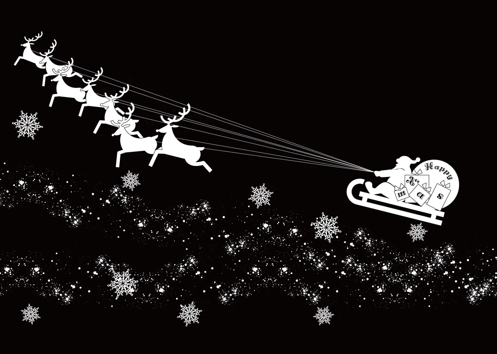 Set of 5 Snowflakes and Santa Claus on Sleigh Flying Sky with Rreindeers Background Illustrations and Vectors | Black