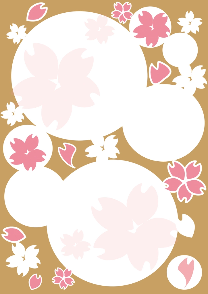 5種類の桜の花と白色の円の背景イラストとベクター | 茶色