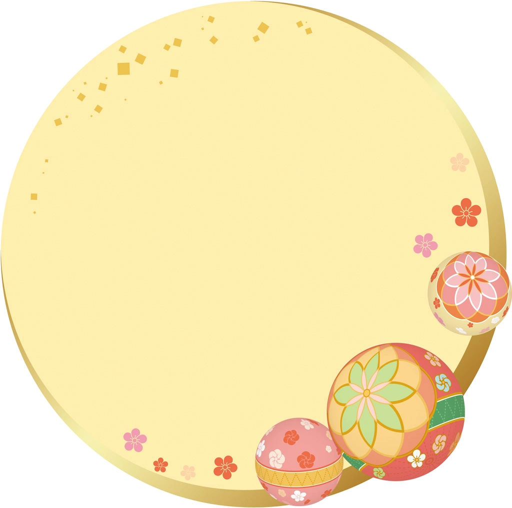 4種類の手鞠と和風円形フレームの背景イラストとベクター | 黄色