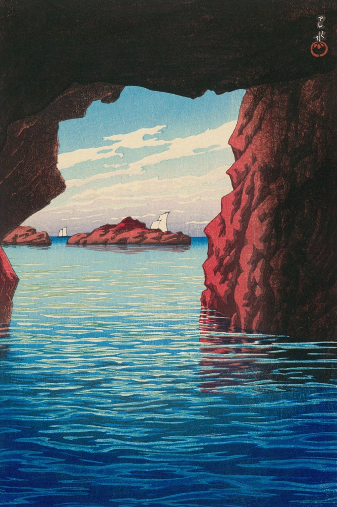 Souvenirs of My Travels, 3rd Series: Kojaku Cavern, Oga Peninsula by Hasui Kawase (1926) | from Kawase Hasui Woodblock Print Collection 1