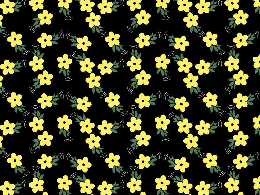 5種類の葉っぱと花柄の背景イラストとベクター | 黄色と黒色