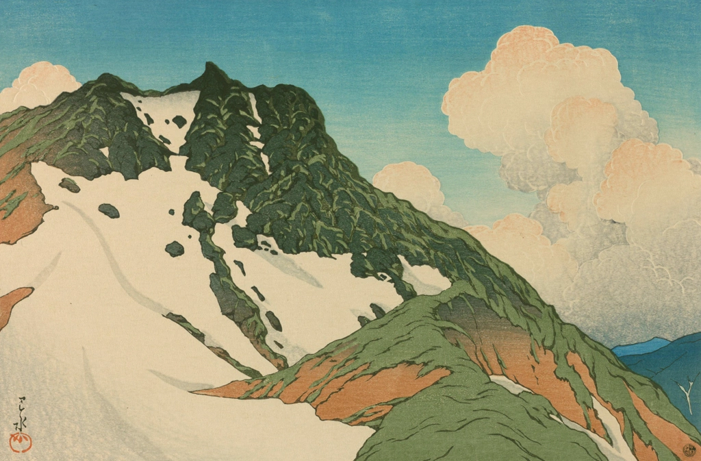 「旅みやげ 第三集 白馬山より見たる朝日嶽」 川瀬巴水 （1924年） | 旅みやげ 第3集より