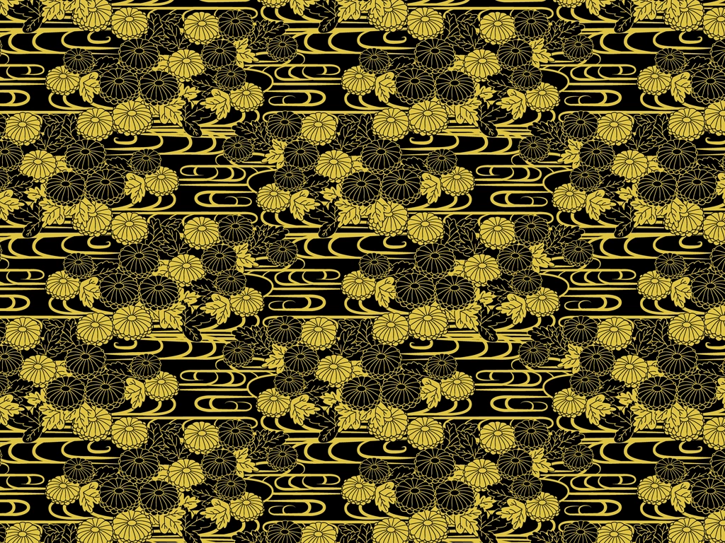 Set of 5 Chrysanthemum and Wave Pattern Background Illustrations and Vectors | Gold and Black