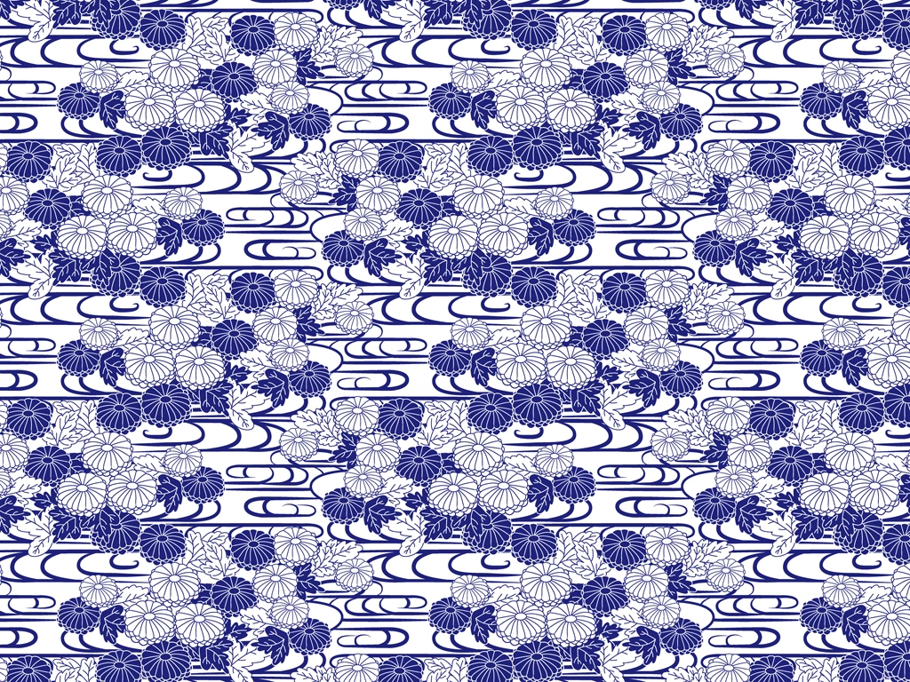 Set of 5 Chrysanthemum and Wave Pattern Background Illustrations and Vectors | Blue and White