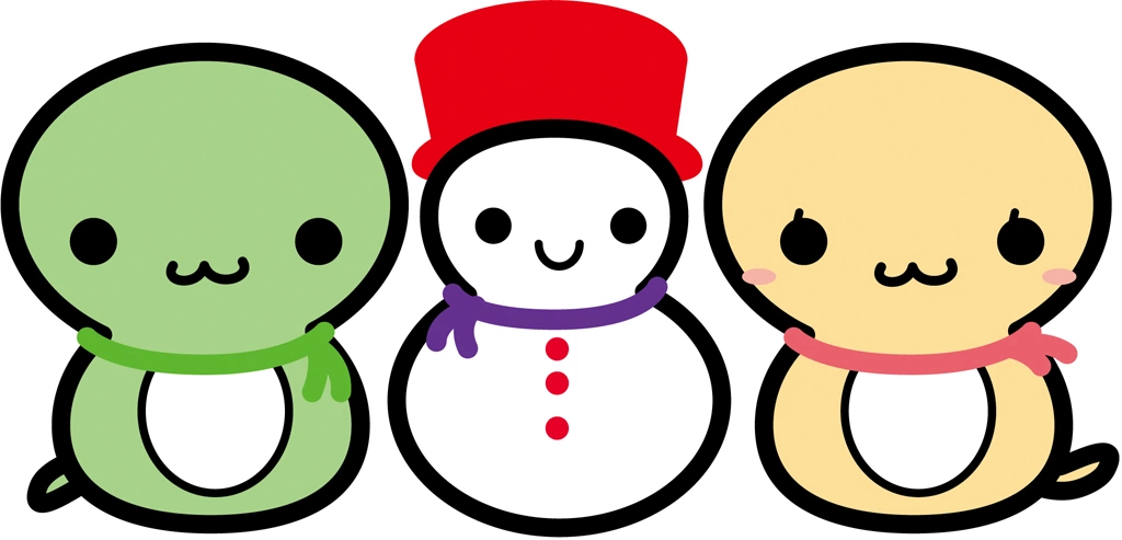 3種類の蛇と雪だるまの巳年イラストとベクター | 緑色と黄色の蛇