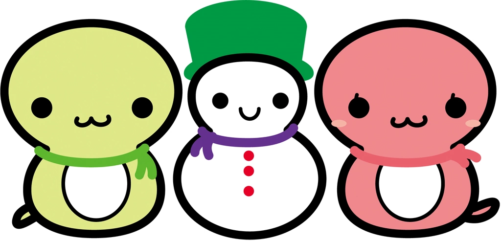 3種類の蛇と雪だるまの巳年イラストとベクター | 黄緑色とピンク色の蛇