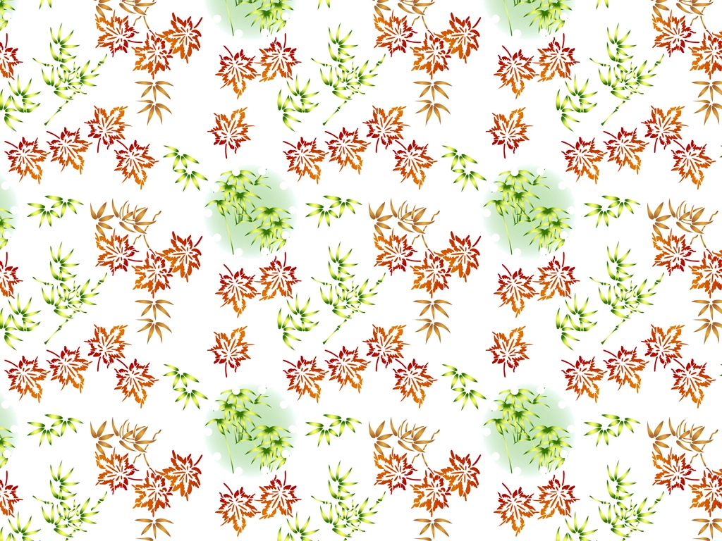 6種類のもみじと笹の葉柄模様の背景イラストとベクター | 赤色と緑色と白色